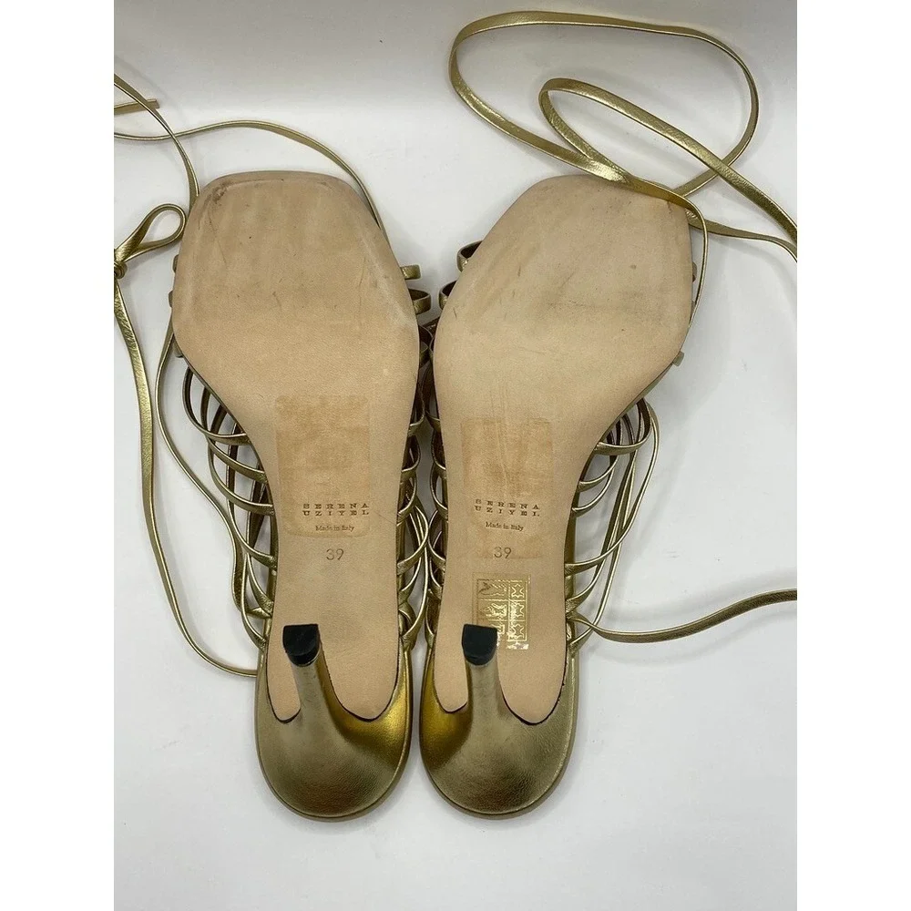 Serena Uziyel Catena Notte Metallic Gold Leather Lace Up Sandals Size EU 39 NWOB